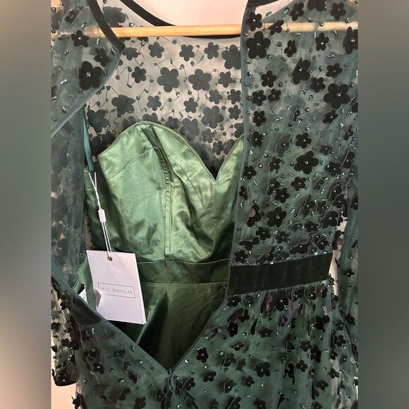 Mac Duggal Emerald Floral Embossed Illusion Midi Dress 67007 Size 4 - Picture 8 of 10